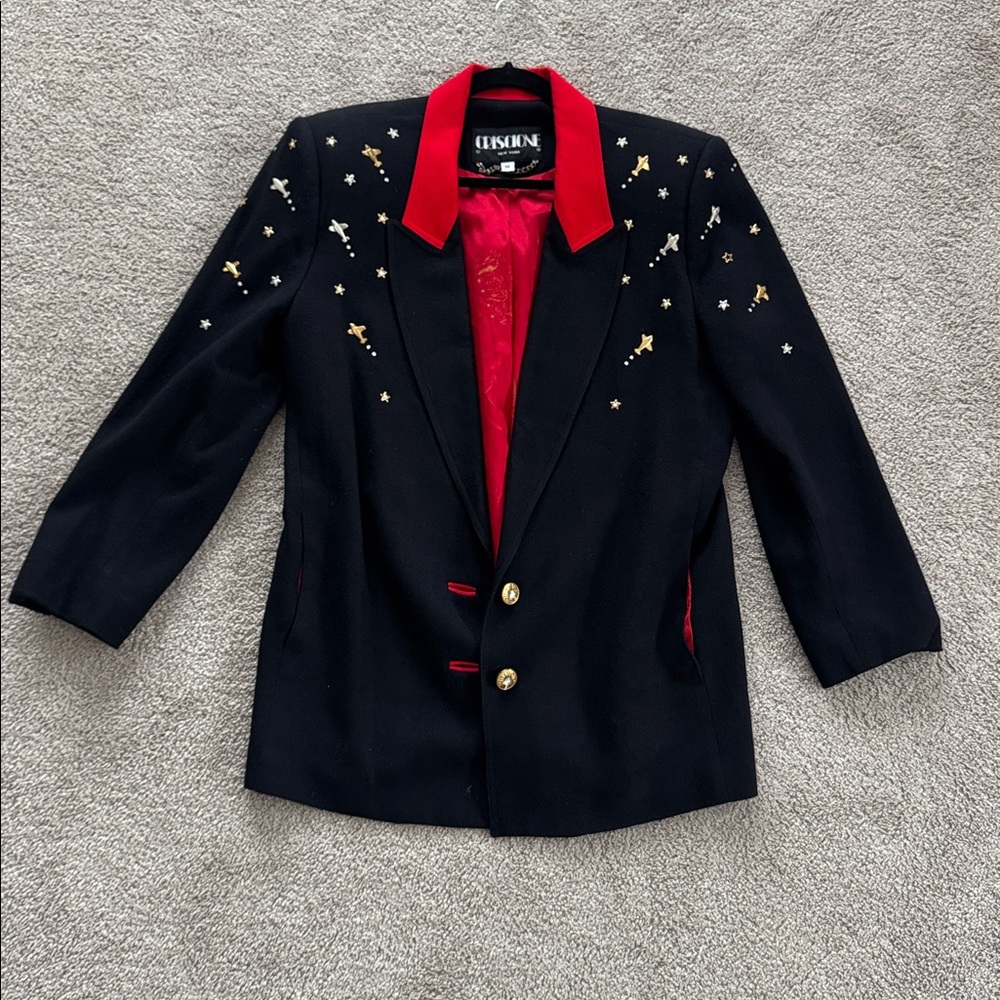 Criscione Black Blazer with Red Collar and Star Embellishments